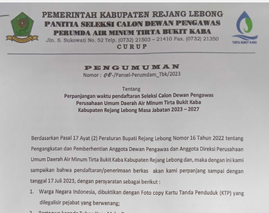 Perpanjangan Waktu Pendaftaran Seleksi Calon Dewan Pengawas Perusahaan